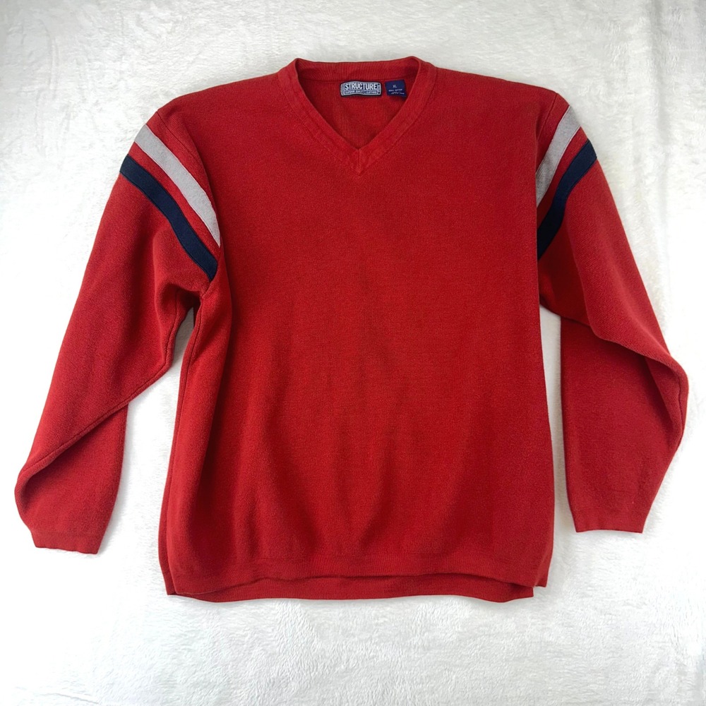 VTG Structure V-Neck‎ Sweater Mens XL Red Pullover Relaxed Striped 100% Cotton